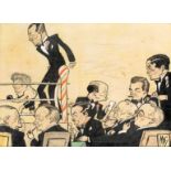 An original colour artwork for a MAC cartoon portraying gentlemen enjoying an evening's boxing at