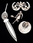 Three hallmarked silver tennis design brooches, one with gold-mounting; sold together with a