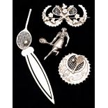 Three hallmarked silver tennis design brooches, one with gold-mounting; sold together with a