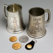 Football commemoratives, comprising: two F.A. tankards issued in 1975 and displaying the names of