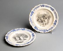 Two small French faience plates from a series titled ''Les Sports'', by Creil-Montereau, featuring