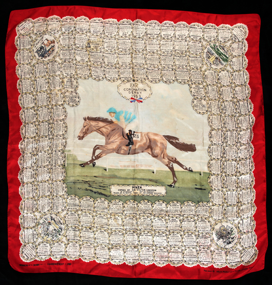 A ladies silk scarf commemorating the victory of Pinza in the 1953 'Coronation' Derby