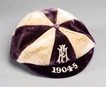 A purple & white quartered Football Association international trial cap season 1904-05,
with F.A.