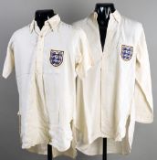Two outfield-style England international shirts used by Bert Williams as undershirts for heavy