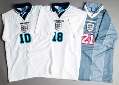 A trio of unbadged England squad jerseys from Euro '96,
all short-sleeved,