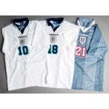 A trio of unbadged England squad jerseys from Euro '96,
all short-sleeved,