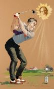 An original artwork for a Booth's Gin advertisement poster featuring a Walker Cup golfer using a