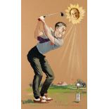 An original artwork for a Booth's Gin advertisement poster featuring a Walker Cup golfer using a