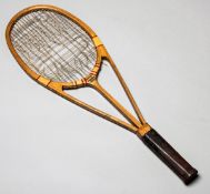 A Hazells Red Star Streamline racquet circa mid-1930s,
with patent triple branch design,