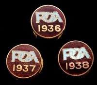 Three Professional Golfers Association lapel badges dated 1936, 1937 & 1938,