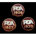 Three Professional Golfers Association lapel badges dated 1936, 1937 & 1938,