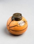 A Victorian gentlemen's ceramic inkwell modelled and decorated as a leather panelled rugby ball,