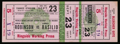 A boxing ticket for the Sugar Ray Robinson v Carmen Basilio World Heavyweight Championship fight at