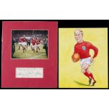 The autographs of Bobby and Jackie Charlton,
Bobby has signed over a John Ireland caricature print,