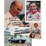 Juan Manuel Fangio, Stirling Moss, Graham Hill & Jackie Stewart signed photographs,