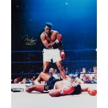 A large colour photograph of the "phantom punch" signed by Muhammad Ali,
20 by 16in.