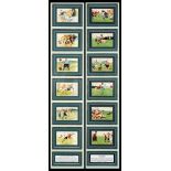 A pair of Tom Browne displays of humorous football postcards,
6 postcards in each frame,