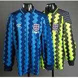Both versions of the zig-zag pattern England goalkeeping jerseys used during 1988 and 1989,
both No.