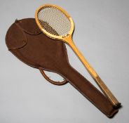 A rare French 'Longue Paume' racquet,
the racket is marked 'CLUB - Gerard-Siane'. measuring 71cm.