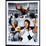 A Pele signed colour photo print,
commemorating his World Cup wins in 1958, 1962 & 1970,
