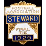 A gilt-metal & enamel Football Association steward's badge for the Bolton Wanderers v Portsmouth F.