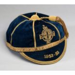 A blue Northern Ireland international cap awarded to Len Graham in season 1952-53,