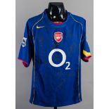 A team-signed blue Robert Pires Arsenal No.7 away replica jersey season 2004-05,
short-sleeved, F.A.