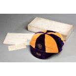 A purple & gold quartered England v Belgium international cap awarded to Arsenal's Joe Hulme in