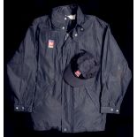 Murray Walker's ITV F1 Sport dark blue jacket, matching cap and a pair of leather gloves,