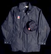 Murray Walker's ITV F1 Sport dark blue jacket, matching cap and a pair of leather gloves,