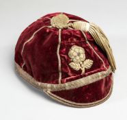 Jack Rhodes's England rugby union international cap season 1895-96,
red with wirework English rose,