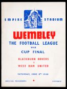 War Cup Final programme Blackburn Rovers v West Ham United 8th June 1940,
light vertical fold,
