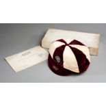 A maroon & white quartered England v France international cap awarded to Arsenal's Joe Hulme in