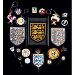 A collection of football badges,
including three Football Association silk & wirework blazer badges,