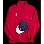 Murray Walker's ITV F1 Sport red fleece top and matching cap,