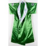 A Joe Frazier signed boxing robe,
a green Everlast robe signed in black marker pen,
