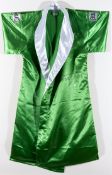 A Joe Frazier signed boxing robe,
a green Everlast robe signed in black marker pen,