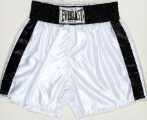 A Muhammad Ali signed pair of boxing trunks,
white & black Everlast,