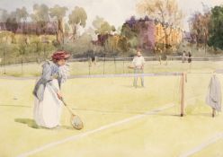 An Edwardian watercolour of a grass-court lawn tennis Match between a gentleman and a lady
the