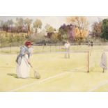 An Edwardian watercolour of a grass-court lawn tennis Match between a gentleman and a lady
the