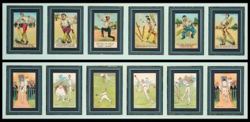 A pair of Tom Browne displays of humorous cricket postcards,
6 postcards in each frame,