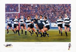 An autographed 1973 Barbarians v New Zealand print titled "Dramatic Start",