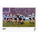 An autographed 1973 Barbarians v New Zealand print titled "Dramatic Start",
