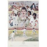 A signed print celebrating the cricketer Ian Botham,