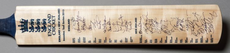 An official ECB Cricket bat signed by the England and New Zealand 2013 Test Series teams,