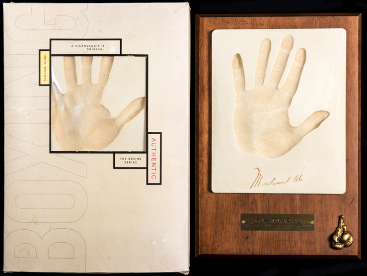 The handprints of Muhammad Ali and Larry Holmes,
from the Boxing Series produced by Silkroadgifts,