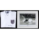 Sir Tom Finney: a signed shirt and photo print,