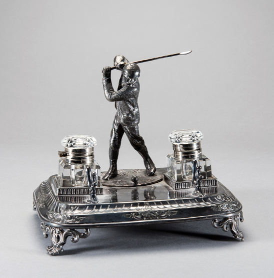 A Victorian silver-plated golfing desk stand,