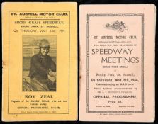 Two rare speedway programmes for meetings at St Austell in 1934,