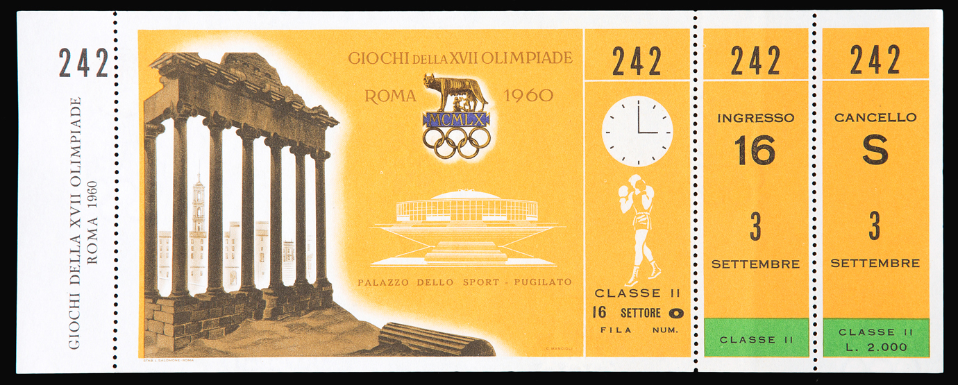 Cassius Clay Rome 1960 Olympic Games unused ticket for the boxing semi-finals,
for 3rd September,